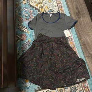Lularoe xs outfit - pull on stretch pleated multicolored skirt and classic tee
